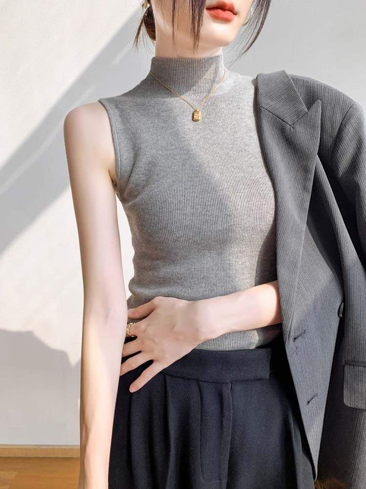 针织衫半高领无袖背心女夏季新款修身打底毛衣黑色初秋西装内搭