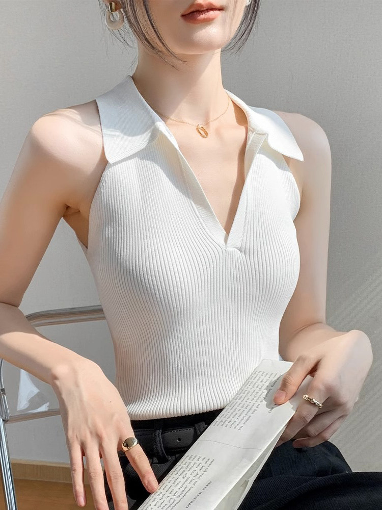 冰丝无袖上衣女2026夏季高级感小众修身甜辣美式挂脖翻领针织背心