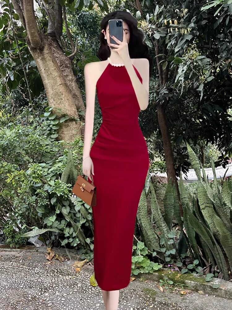 高端优雅的女士风格女装夏季珍珠露领连衣裙设计无袖开叉裙