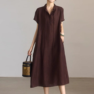 夏季大码胖妹妹200斤气质天丝亚麻衬衫裙女宽松短袖中长款连衣裙