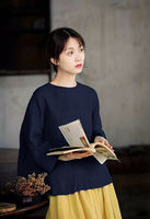 100% linen, artistic, relaxed and slow-paced style, large blue three-quarter sleeve, round-neck loose pullover top for women's commuting thumbnail 3