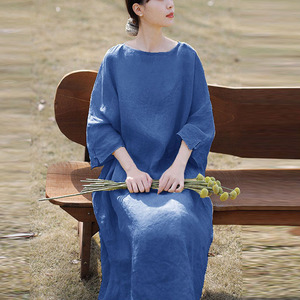 2026春秋新大码胖妹宽松100%亚麻七分袖时尚气质轻熟长袖连衣裙