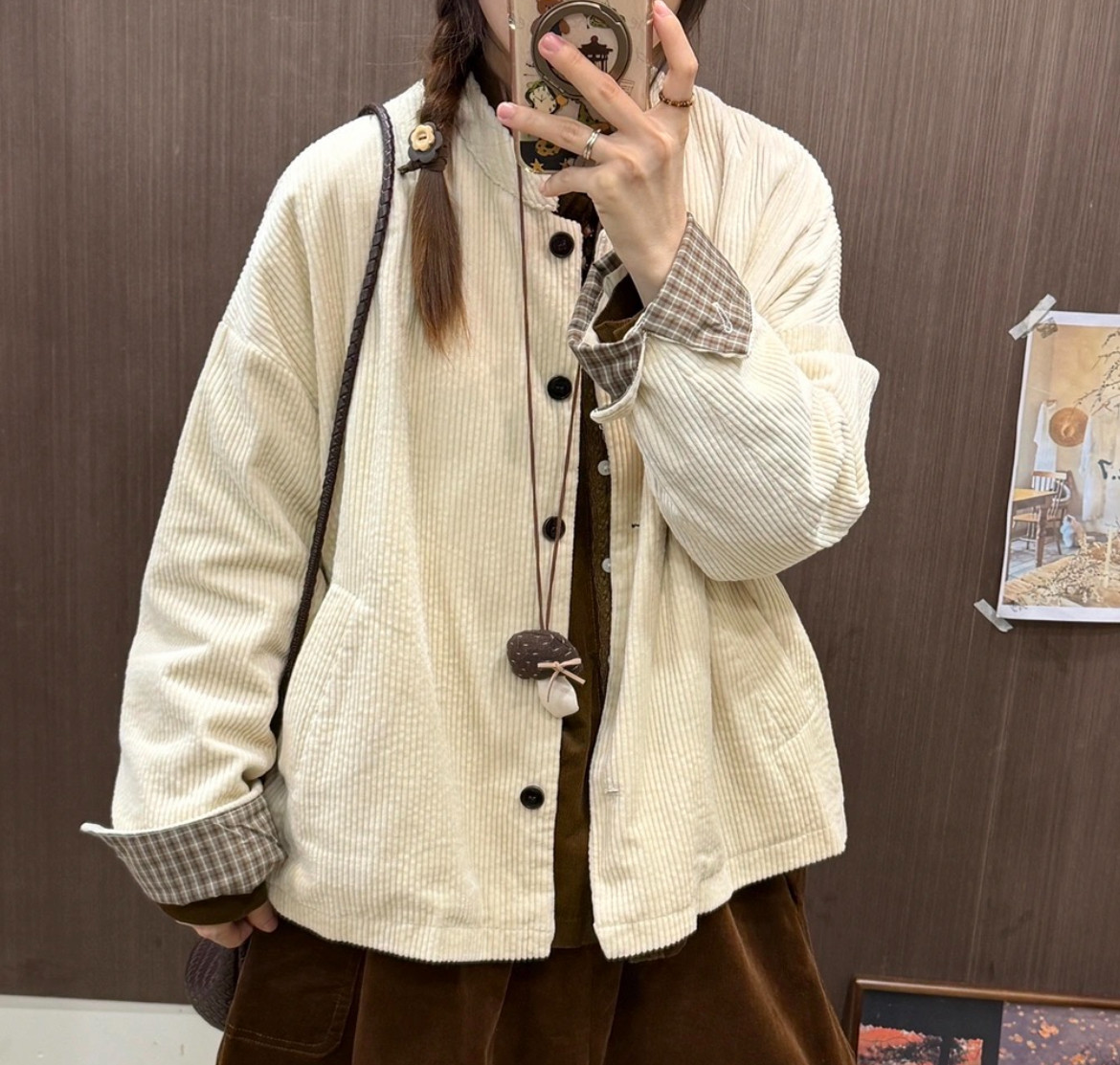 文艺大码秋冬外套复古纯棉灯芯绒显瘦开衫胖妹200斤休闲常规外套