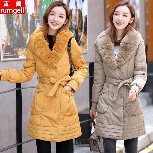 獭兔毛领连帽中长款修身羽绒服