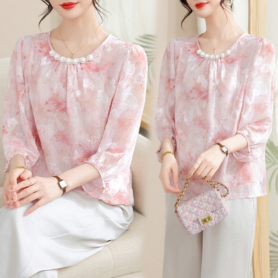 中年妈妈时尚洋气圆领小衫上衣