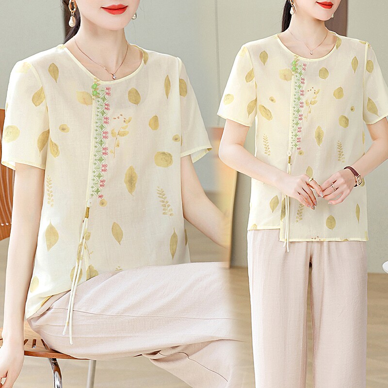 中年妈妈短袖碎花雪纺小衫女2026夏装新款中老年时尚洋气T恤上衣