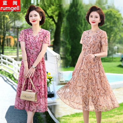 中年妈妈雪纺连衣裙女气质长裙子