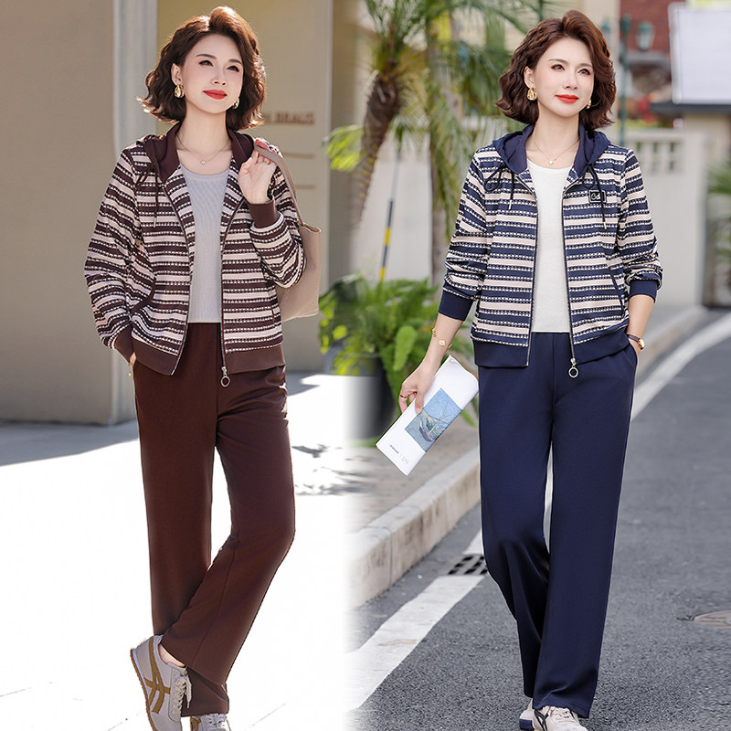 中年妈妈时尚洋气连帽条纹卫衣套装女2026春秋装新款阔太太两件套