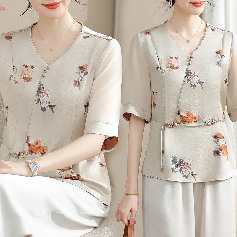 中年妈妈印花短袖雪纺小衫女2026夏装新款阔太太气质端庄T恤上衣