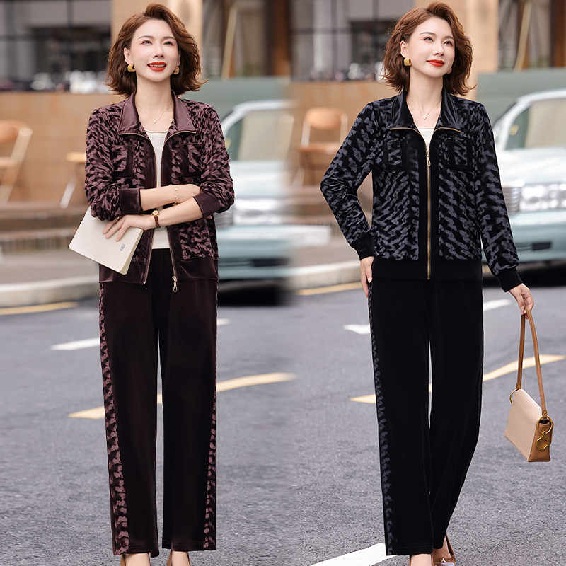 中年妈妈时尚运动套装女2025春秋装新款阔太太金丝绒长袖两件套装