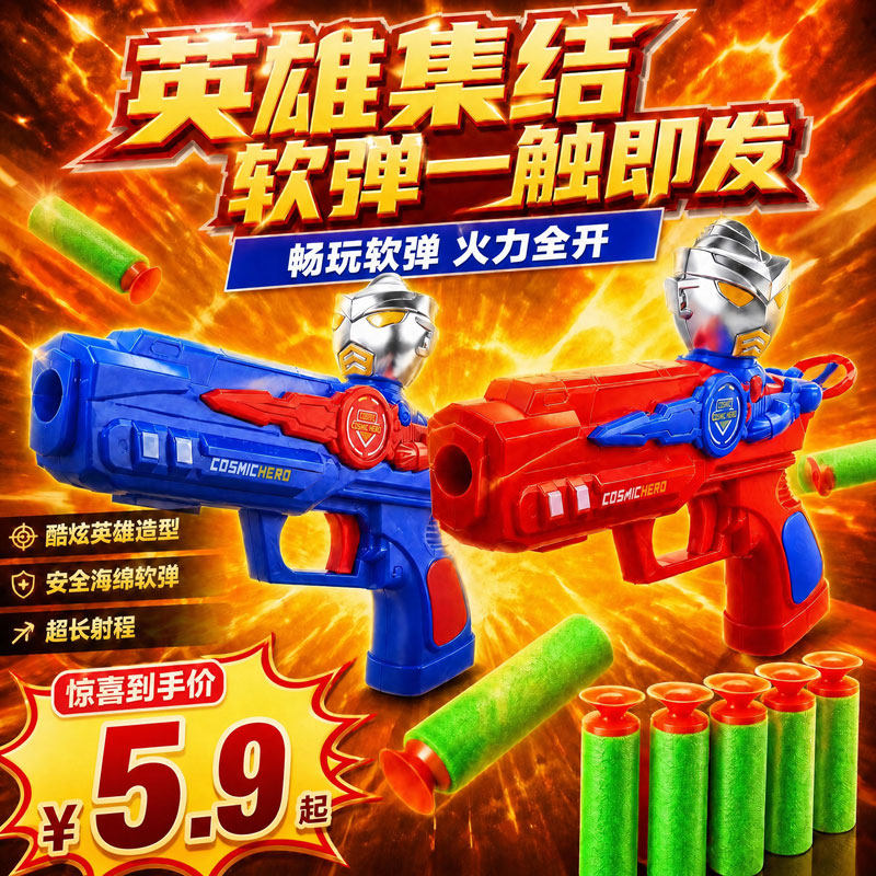 儿童超人软弹枪玩具可发射手枪射击玩具模型男孩卡通手持软蛋枪