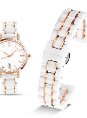 卡西欧陶瓷手表带 男女士sheen系列小红表玫瑰金白色精钢表链14mm