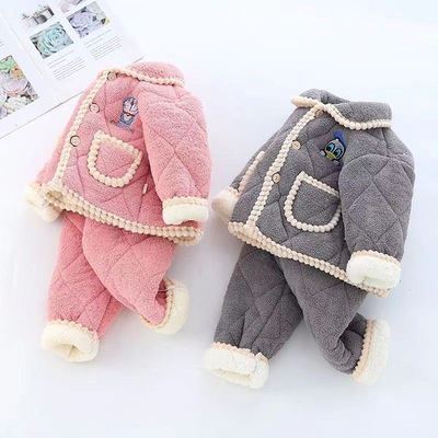 儿童睡衣冬季法兰绒三层夹棉加绒加厚款保暖珊瑚绒超厚家居服套装