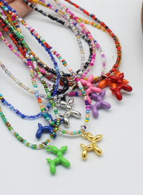 日韩跨境潮流马卡龙糖果色卡通小狗米珠项链 多彩气球狗锁骨链