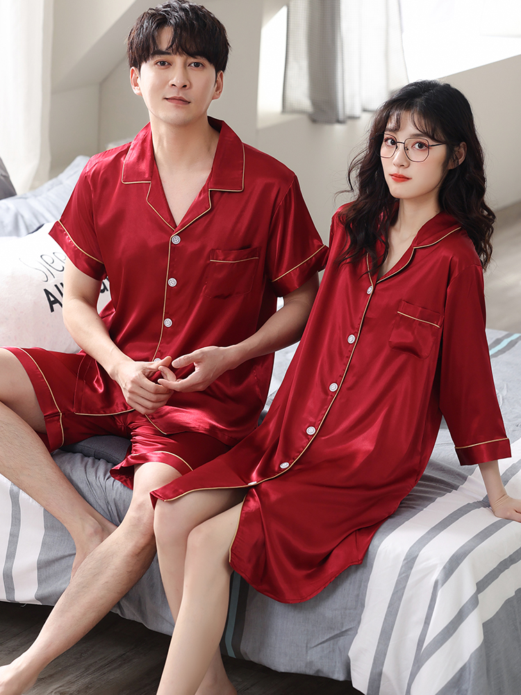 2套价 情侣睡衣冰丝夏季新婚短袖红色家居服结婚女士睡裙男款套装