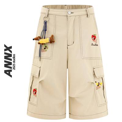 ANNX2025美式复古立体花朵刺绣工装七分裤男女夏季宽松阔腿短裤潮