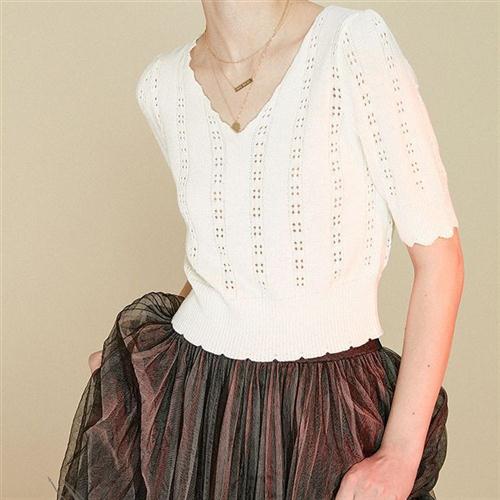 跨境工厂直销夏季薄款V领针织女百搭镂空短款上衣修身显瘦短袖女