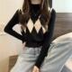 气质毛衣女 撞色上衣短款 网红休闲风复古菱格针织马甲背心秋季 新款