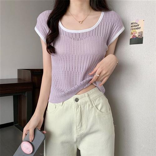 韩版百搭圆领撞色落肩夏季甜美气质设计感针织衫短袖短款上衣T恤