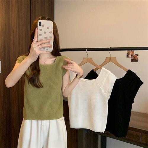 小飞袖冰丝针织衫短袖女夏季薄款百搭显瘦方领甜美复古荷叶边上衣