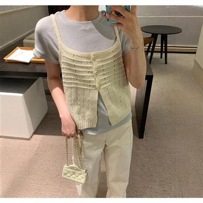 淡绿色镂空针织短款小吊带背心女夏季外搭叠穿打底甜美减龄上衣