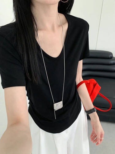 Frapares夏季薄款V领短袖时尚简约百搭褶皱收腰T恤弹力打底上衣女