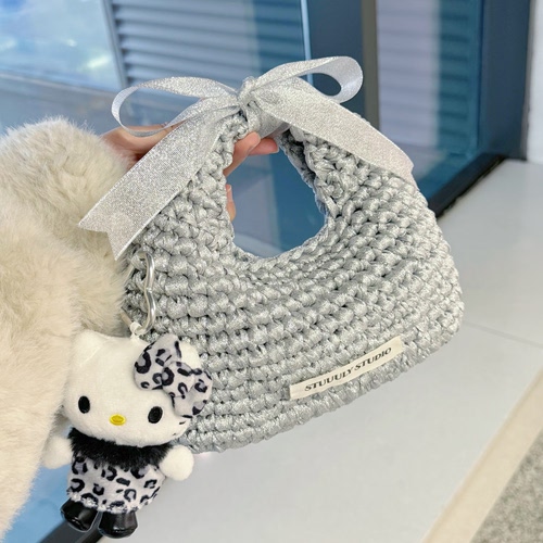 Stuuuly手工 银色爆闪蝴蝶结手提包毛线钩针编织diy材料包礼物