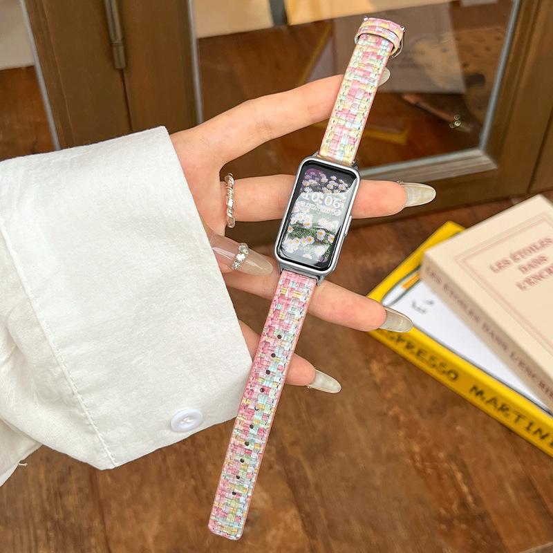 适用于华为手环9表带新款8nfc版草席纹皮质荣耀手环9真皮b5腕带