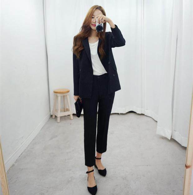 时尚条纹职业西装两件套女2018春夏新款韩版修身休闲九分裤套装潮
