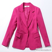 原创设计修身 显瘦玫红色一粒扣外套 短款 西装 女长袖