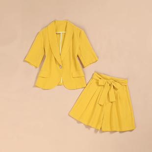 亚麻小西装高腰短裤套装女夏季薄款2023新款韩版休闲棉麻西服外套