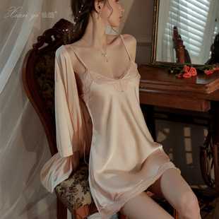仙懿性感深V蕾丝诱惑睡衣冰丝短袖大码纯欲吊带睡裙女士家居服