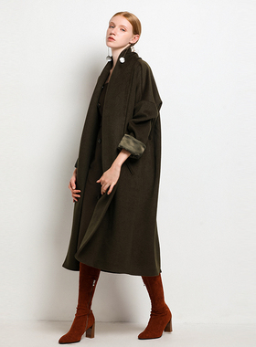 埋葬的生机军绿色毛呢大衣女长款军旅风工装长外套秋冬17298