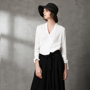 逆旅行人仙侠风白衬衣女秋季宽松八分袖上衣汉服天丝衬衫女中国风