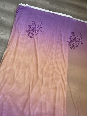 深紫渐变肉色舞蹈服装布料.舞蹈《且看行云》定位印花弹力网布料.