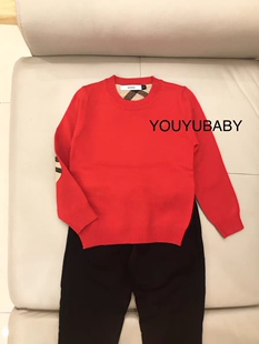 贝妮祺儿童男孩外贸欧美英伦风格子圆领套头针织衫毛衣红色秋冬款