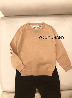 贝妮祺儿童男孩欧美英伦风格子圆领套头针织衫毛衣驼色蓝色秋冬款