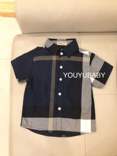贝妮祺儿童男孩欧美英伦风不规则条纹格子短袖衬衫蓝色卡其色夏款