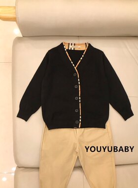 贝妮祺儿童男孩宝英伦格子毛衣开衫圆领黑色毛线针织上衣外套秋冬