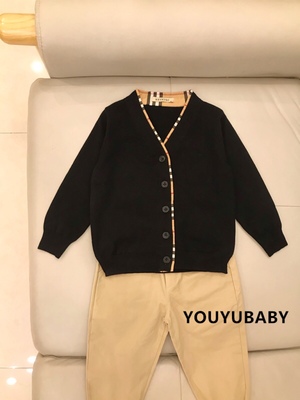 贝妮祺儿童男孩宝英伦格子毛衣开衫圆领黑色毛线针织上衣外套秋冬