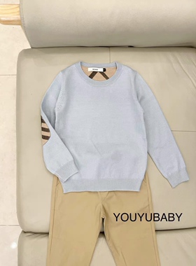 贝妮祺儿童男孩欧美英伦风格子圆领套头针织衫毛衣驼色蓝色秋冬款