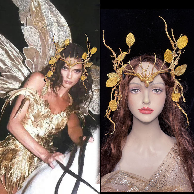 肯豆金色森系头饰羽毛翅膀树枝复古新娘旅拍夜店夸张走秀儿童