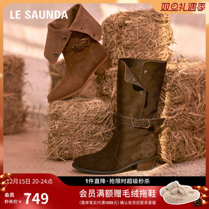 莱尔斯丹都市牧歌2025秋冬新款粗跟中筒西部牛仔堆堆靴子女59701