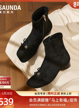 莱尔斯丹冬新款蝴蝶结粗跟时尚复古黑色短靴子女鞋6T34504