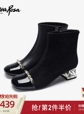恋尚萝莎商场同款新款时尚拉链黑色真皮粗跟短靴子女鞋37802