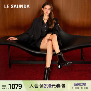 羊皮气质增高黑色中粗跟短靴子女鞋 61001 方头法式 莱尔斯丹冬新款