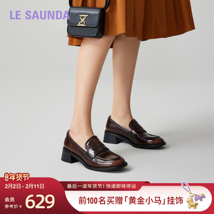 莱尔斯丹莱福家族春夏新款圆头英伦真皮复古中跟乐福女单鞋41901