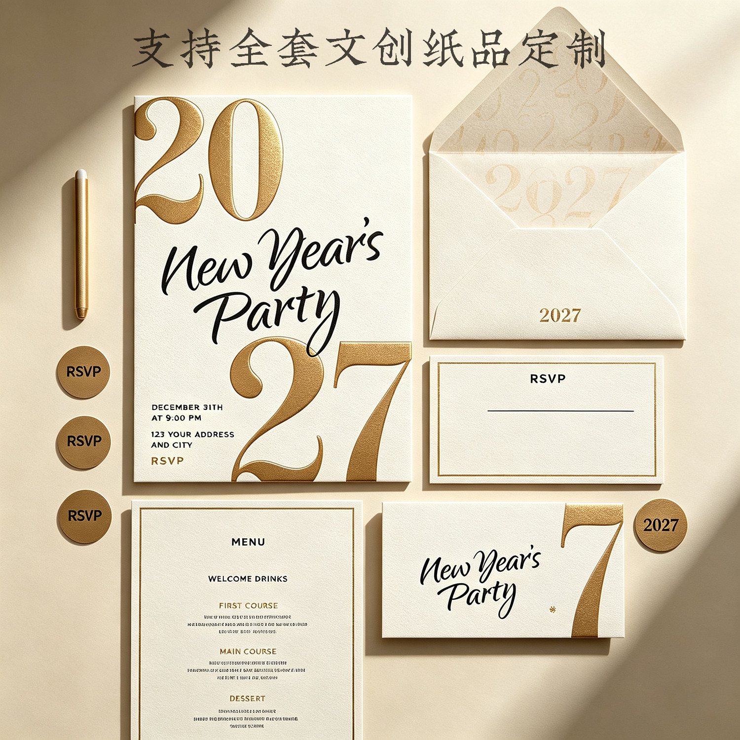 2027新年800g加厚高档棉纸请柬烫金邀请函浮雕击凸祝福卡