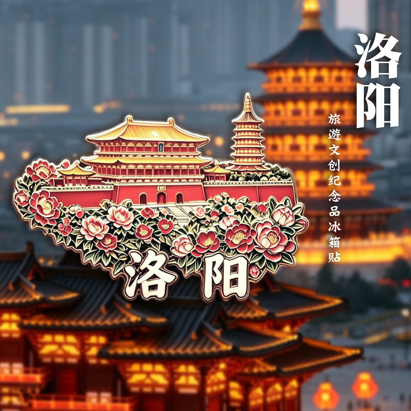河南洛阳文字金属牡丹花冰箱贴磁吸旅游中国城市景点纪念品伴手礼