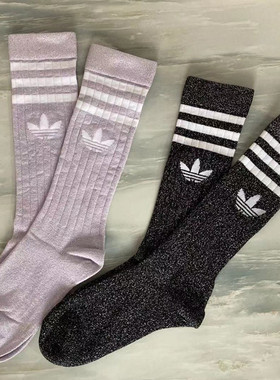 Adidas阿迪达斯三叶草新款潮女袜高筒长袜条纹logo休闲袜子GN3065